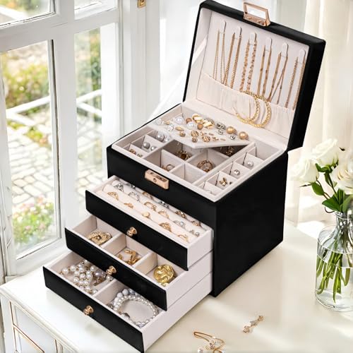Leather Jewelry Box with Lock for Women, 4-Tier 3-Drawer Jewelry Organizer, Large Capacity Vanity Storage Case for Earrings Rings Necklaces, Gift for Her (Black) - color: Black, size: small size