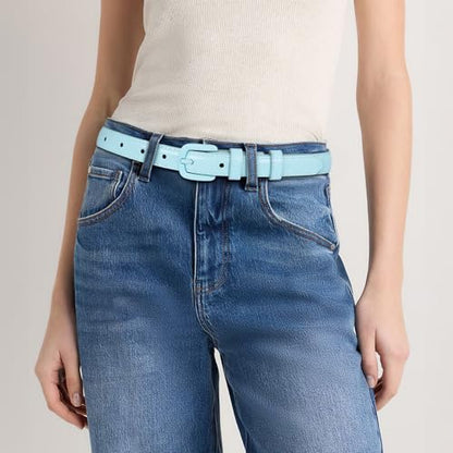 WHIPPY Women Skinny Leather Belt Thin Waist Jeans Belt for Pants in Pin Buckle Belt - color: Blue, size: Suit Pants 30"-36"