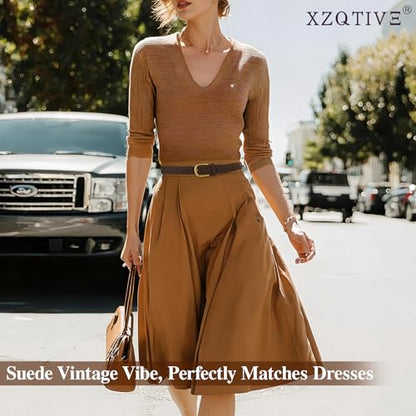 XZQTIVE Women’s Braided Suede Belt – Adjustable Woven Waist Belt with Gold Buckle for Dresses, Jeans & Casual Outfits - color: Black, size: Small: fits waist from 28"-33"