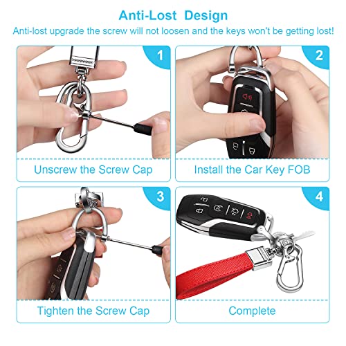 QBUC Genuine Leather Car Keychain Universal Metal Key Chain (Red) | Car Fob Key Keychain Holder with 360 Degree Rotatable Snap Swivel and Anti-Lost D-Ring for Men Women - color: Red