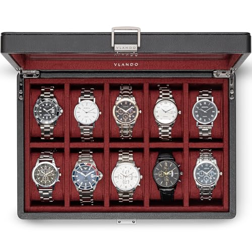VLANDO Watch Box for Men, 10-Slot 2-Layer Case with Glass Lid, Red | Ten 52 mm Soft Pillows, A Large Clear Display Lid and Lower Storage Organize Watches and Daily Essentials in One Case - color: Red