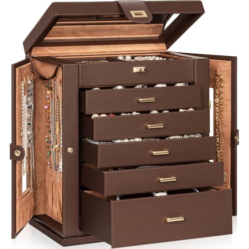 AKOZLIN 6-Tier Jewelry Box Organizer Functional 5 Drawers Leather Jewelry Storage Case for Women Girls Ring Necklace Earring Bracelet Holder Organizer with Mirror XL Brown 360° Rotating - color: Brown, size: XXLarge