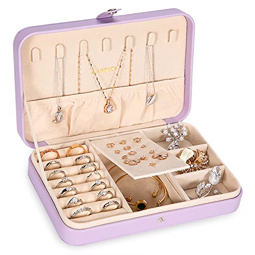 LANDICI Small Jewelry Box for Women Girls, PU Leather Travel Jewelry Case, Portable Jewelry Organizer Storage Holder Display for Ring Earrings Necklace Bracelet Bangle Men Kids Gift, Lavender - color: Lavender