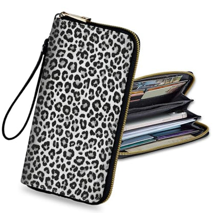 Black White Leopard Wristlet Wallet for Women, RFID Blocking Phone Wallet, Large Capacity Zip Around Clutch, Fits iPhone 15 Pro Max, Travel Organizer Purse - color: Black White Leopard