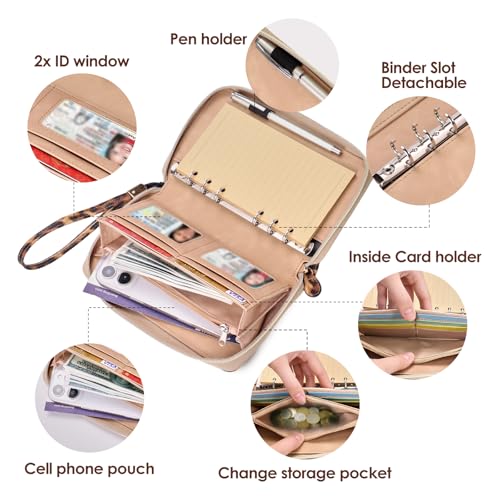 A6 Binder Zipper Budget, Planner for Travel & Study | Faux leather A6 organizer with zipper, cash pouches, lined pages, card slots and pen holder for budgeting. - color: Brown