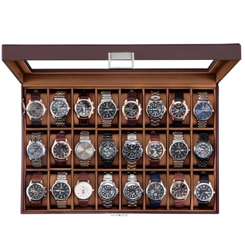 ProCase Watch Box for Men, 24 Slot Display Case with Real Glass Lid | Premium Storage Holder Organizer with Removable Pillows, Gift for Dad & Father's Day & Watch Collectors - color: Dark Brown