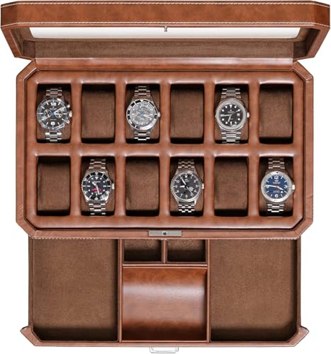 ROTHWELL 12 Slot Leather Watch Box with Valet Drawer - 12 Slot Luxury Watch Case Display Organizer, Microsuede Liner, Mens Accessories Holder, Jewelry Case, Jewelry Display Organizer (Tan/Brown) - color: Tan / Brown