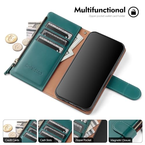 Shieldtop Compatible with Samsung Galaxy A36 5G/A56 5G Wallet Case with Card Holder,PU Leather Phone Case Flip Protective Cover Wrist Strap Zipper Credit Card Slots RFID Blocking Women Men,Blue Green - color: Blue Green