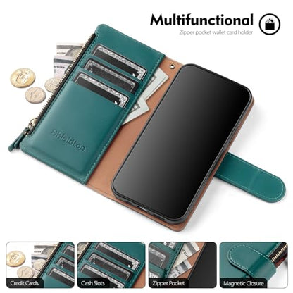 Shieldtop Compatible with Samsung Galaxy A36 5G/A56 5G Wallet Case with Card Holder,PU Leather Phone Case Flip Protective Cover Wrist Strap Zipper Credit Card Slots RFID Blocking Women Men,Blue Green - color: Blue Green