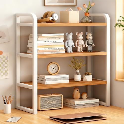 Office Desk Shelf Organizer, Wood Desktop Bookshelf Supplies Storage Rack, Shelf for Top of Desk and Dresser and Cubicle Decor Aesthetic Bookshelf (White Wood-three Tier, 15.75 Lx7.87 Wx22.05 H) - color: White Wood-three Tier, size: 15.75Lx7.87Wx22.05H