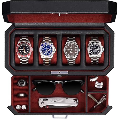 ROTHWELL 4 Slot Leather Watch Box with Valet Drawer - Luxury Case Display Jewelry Organizer, Locking Display Case Holder with Real Glass Top - Watch Box Organizer for Men & Women (Red) - color: Black / Red