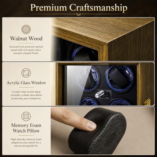 Watch Winder for Automatic Watches, Walnut 4 Slots Winding Watch Box with Japanese Quiet Motor & Blue LED for Rolex and Auto Watches, Wooden Rotating Watch Case Used for Storage, Display & Gift - size: 4 slots