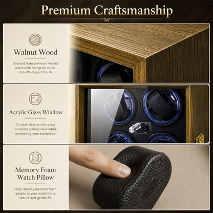 Watch Winder for Automatic Watches, Walnut 4 Slots Winding Watch Box with Japanese Quiet Motor & Blue LED for Rolex and Auto Watches, Wooden Rotating Watch Case Used for Storage, Display & Gift - size: 4 slots