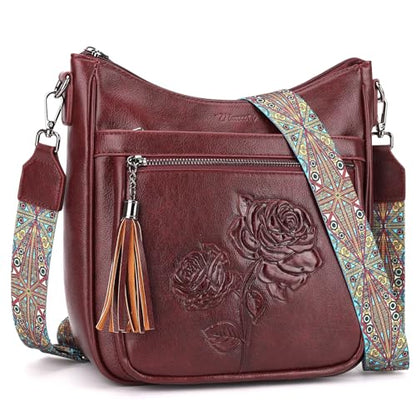 Medium Crossbody Bags for Women,Vegan Leather Hobo Purses Embossed | Women's Shoulder Handbags with Adjustable Boho Strap for Daily Travel Lightweight Cross body Purses with Multi Pockets - color: 10-red