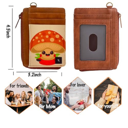 Wallet Rfid Card Holder Credit Cardholder for Women Men Thin Pocket Card Case Small Slim Minimalist Keychain Wristlet Wallets Leather (Mushroom) - color: Mushroom