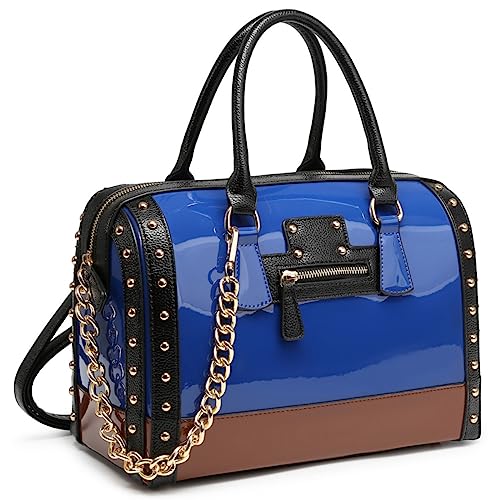 Dasein Women's Barrel Bag Shiny Patent Faux Leather Handbag with Rivet Decoration Top Handle Satchel Shoulder Purse - color: Larger Blue