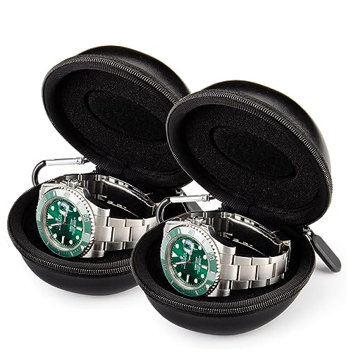 2Pack Single Box Portable Watch Travel Case for Men Organizer | Fits Wristwatches & Smart Watches Up to 50mm, 1-Slot Shockproof Eva Holder W/ Carabiner Clip, Great for Gym & Outdoor Use - color: Double Black