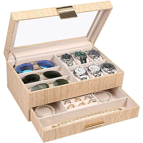 LANDICI 2-Layer PU Leather Watch and Jewelry Box, Oak | Six watch slots, glass lid and lower drawer organize watches, sunglasses, rings, bracelets, cufflinks and necklaces - color: Oak & Apricot