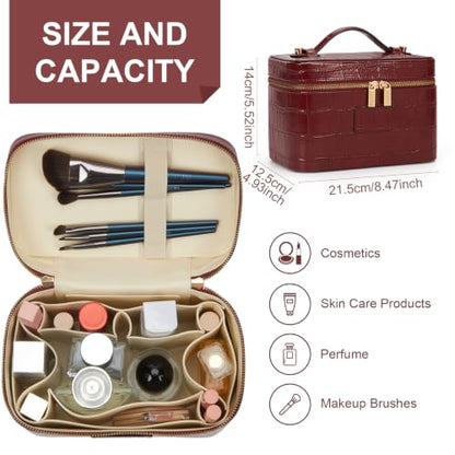 Makeup Bag Crocodile Vanity Case for Women Travel Cosmetic Bag Leather Toiletry Bags Makeup Organizer Case - color: Crocodile Burgundy