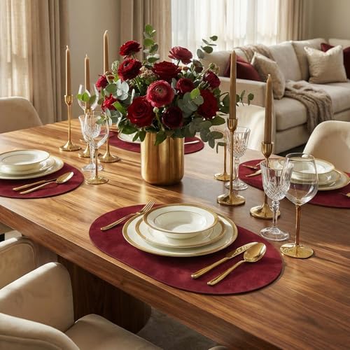 Placemats, Oval Placemats 2mm Ultra Thick Faux Leather Table Mats, Heat Resistant Waterproof Wipeable Dining Mats for Kitchen Table, Set of 12, Wine Red - color: Wine Red, size: Placemats set of 12
