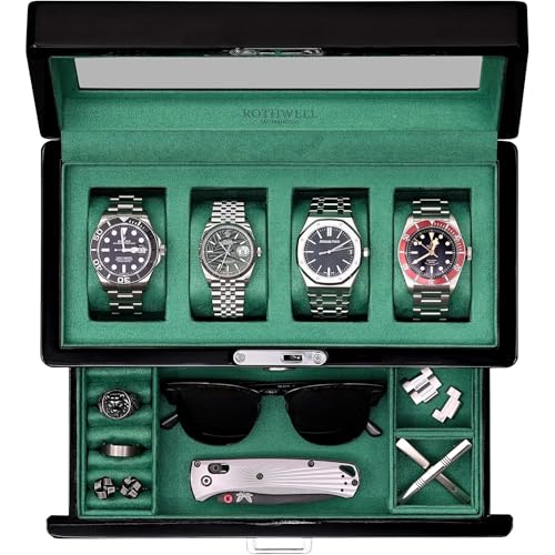 ROTHWELL 4-Slot Piano Black Watch Box with Valet Drawer - Premium Jewelry Display Case Organizer with Locking Glass Top and Microsuede Liner for Men & Women (Green Interior) - color: Piano Black / Light Blue
