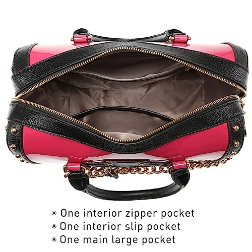 Dasein Women's Barrel Bag Shiny Patent Faux Leather Handbag with Rivet Decoration Top Handle Satchel Shoulder Purse - color: Larger Fuchsia