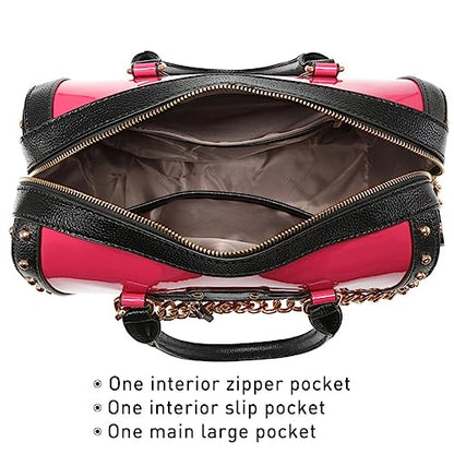 Dasein Women's Barrel Bag Shiny Patent Faux Leather Handbag with Rivet Decoration Top Handle Satchel Shoulder Purse - color: Larger Fuchsia