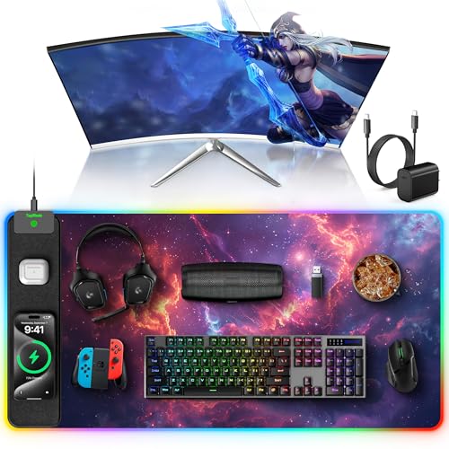 5-in-1 RGB Mouse Pad with 15W Wireless Charging, Keyboard Pad for Desk | 31.5” x 15.8” XXL Large Desk Mat, Gaming Mousepad with Ultra Smooth Surface & Non-Slip Rubber Base, Easy to Clean, Waterproof - color: Upgraded Rgb - Red Nebula With Adapter