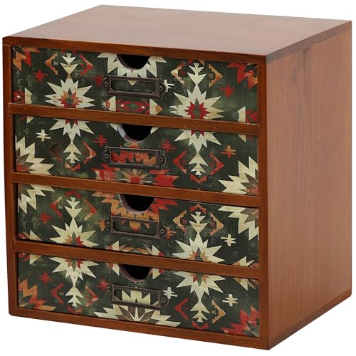 Boho Green Wooden Desk Organizer with Drawers – 4-Drawer Desktop Storage Box – Rustic Tribal Wood Desk Organizer for Office, Vanity, or Craft Supplies – Compact & Stylish Wooden Storage Drawers - color: Dark Tribal Boho