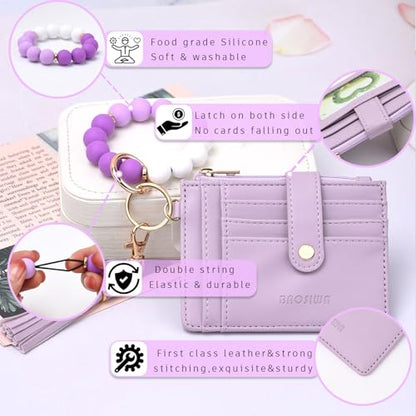 BAOSIWA Silicone Bracelet Keychain Wallet for Women Wristlet Card Holder Slim RFID Wallet with Zipper Pocket - color: Purple