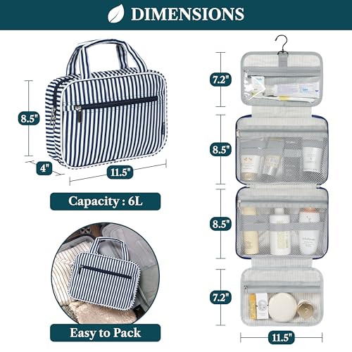 PAVILIA Hanging Toiletry Bag for Women Men, Makeup Organizer, Stripe Navy - color: Navy Stripe