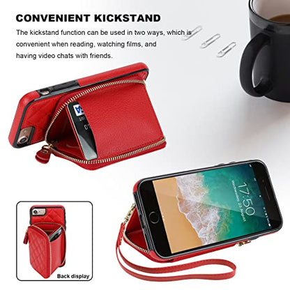 Bocasal Crossbody Wallet Case for iPhone SE 2022/SE 2020/8/7, Red | RFID Blocking PU Leather Zipper Handbag Purse, Kickstand Flip Folio Case with Card Slots Holder Wrist Strap Lanyard 4.7 Inch - color: Red