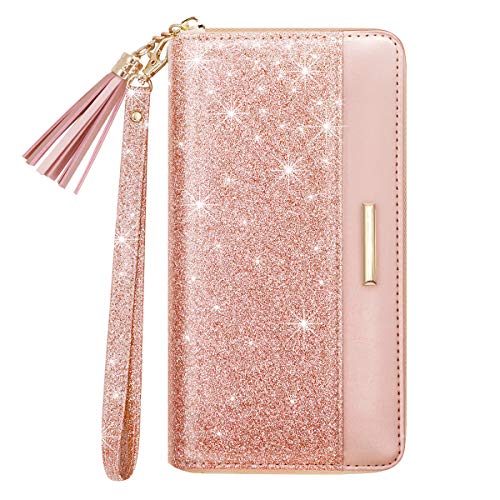 Coco Rossi Pink Glitter Wallet for Women RFID Blocking Credit Card Holder | PU Leather, Zipper Around, Multi Card Case, Clutch with Tassel Wristlet Wrist Strap, Gifts for Girls Ladies - color: A Pink Glitter