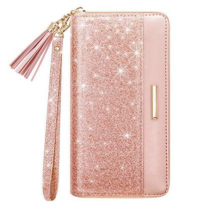 Coco Rossi Pink Glitter Wallet for Women RFID Blocking Credit Card Holder | PU Leather, Zipper Around, Multi Card Case, Clutch with Tassel Wristlet Wrist Strap, Gifts for Girls Ladies - color: A Pink Glitter