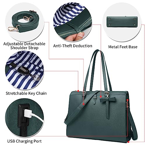Keyli 4pc Sets Laptop Bag for Women Large Leather Laptop Briefcase with USB Charging Port Computer Shoulder tote Bags Purse - color: Green