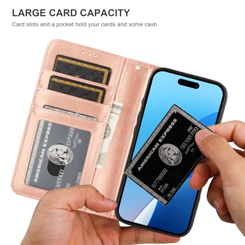 Bocasal Detachable Wallet Case Card Holder for iPhone 16 Pro, Rose Gold | RFID Blocking Kickstand Card Slots Holder PU Leather Magnetic Shockproof Wrist Strap Removable Flip Protective Cover 6.3 inch - color: Rose Gold