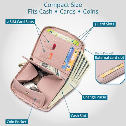 RFID Blocking Small Wallet for Women, Cute and Zip Around | Mini Genuine Leather Wallet with Coin Pocket & Card Slots, Compact Gift Wallet for Women and Everyday Carry (Blush Pink) - color: Blush Pink