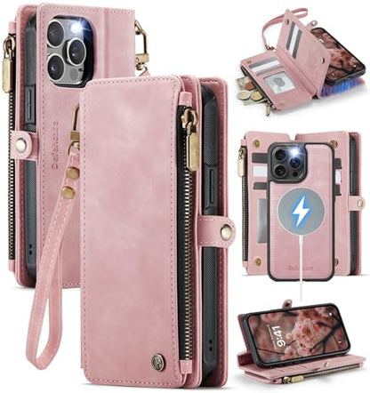 Defencase for iPhone 14 Pro Max Case Wallet Compatible with Magsafe, Pink | Drop-Proof Magnetic Detachable Phone Cases Cover, with RFID Bolcking Card Holder, Zipper Strap, PU Leather, Removable Wallet - color: (Detachable with Magsafe)-Pink