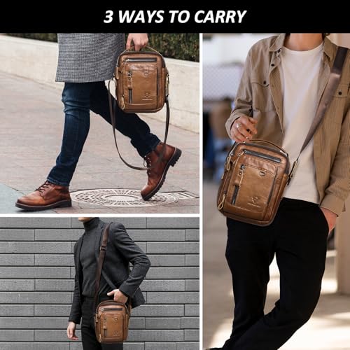 Men’s Leather Messenger Bag Crossbody Shoulder Handbag Satchel | Weighs only 450g(17×9×22.5cm) polyester lining, multi separate pockets, can securely hold your 8.3-inch tablet Travel Handbag - color: Brown