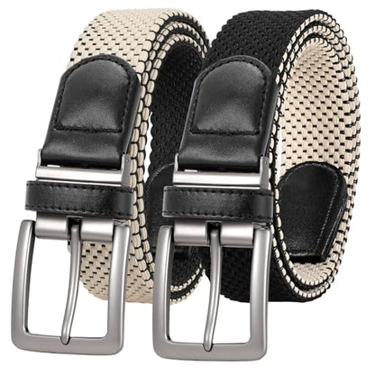 JASGOOD Men's Reversible Braided Stretch Belt Casual Golf Elastic Woven Belt with Rotating Buckle for Jeans Pants - color: Black/Beige, size: Fit Waist Size 47"-53"