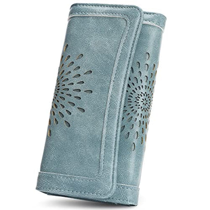 APHISON Womens Wallets RFID Blocking Leather Clutch Long Wallet for Women Card Holder Phone Organizer Ladies Travel Purse Hollow Out Sunflower Design Gift - color: 1-blue