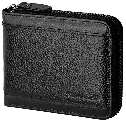 Admetus Mens Zipper Wallet Leather Zip Bifold RFID Blocking Card Holder | genuine leather,gift box,1 ID window,10 credit card slots,2 cash compartments,coin pocket,zip around,gift for men - color: Black-21
