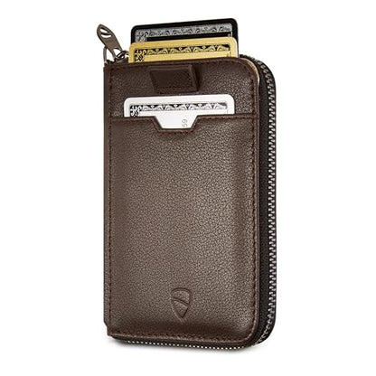Vaultskin NOTTING HILL Slim Italian Leather Zip Around Wallet, RFID | Minimalist thin card holder for men and women, small coin purse, keychain D-ring, RFID blocking, 10 cards, cash, gift box - color: Brown