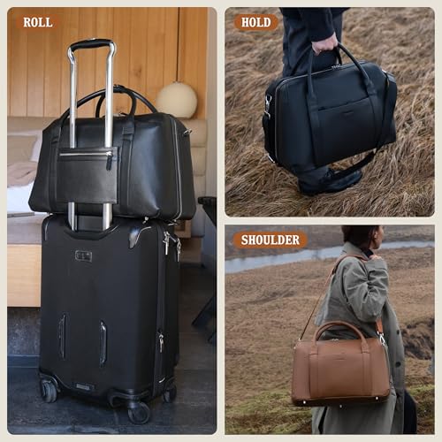 Wool & Oak Duffle Suitcase - Carry-On Size - Pebble Leather, Jet Black | Full-grain leather travel bag with clamshell opening, 33 L capacity, laptop pocket, personal-item size - size: 33 L (Jet Black - Leather)