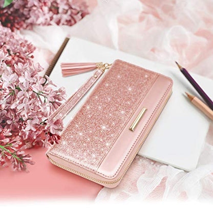 Coco Rossi Pink Glitter Wallet for Women RFID Blocking Credit Card Holder | PU Leather, Zipper Around, Multi Card Case, Clutch with Tassel Wristlet Wrist Strap, Gifts for Girls Ladies - color: A Pink Glitter