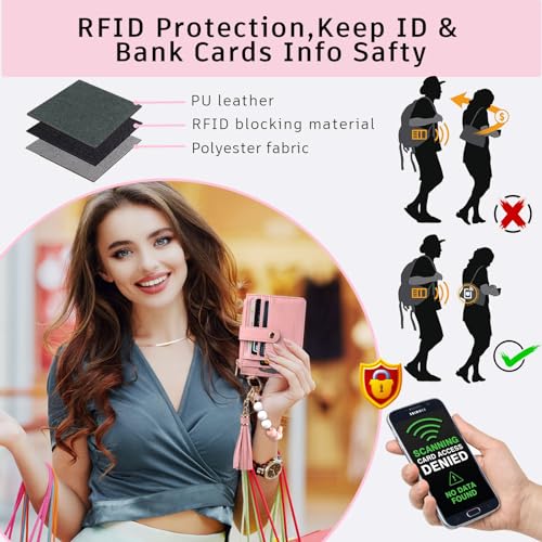 BAOSIWA Silicone Bracelet Keychain Wallet for Women Wristlet Card Holder Slim RFID Wallet with Zipper Pocket - color: Pink
