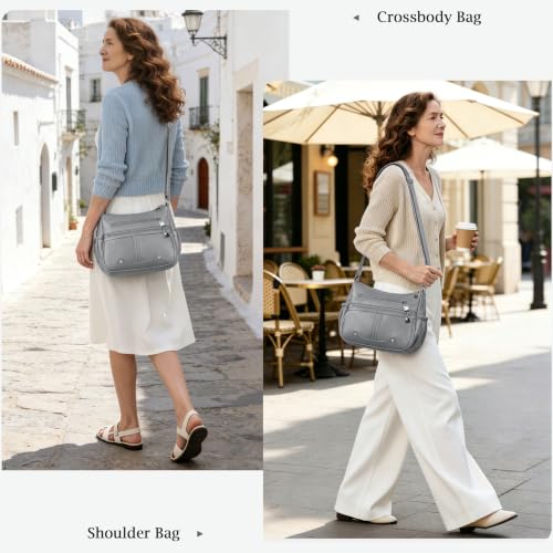 Women Soft PU Leather Shoulder Handbag Multi Pocket Crossbody Bag Ladies Medium Roomy Purses Fashion Tote Top Handle Satchel - color: Light Grey