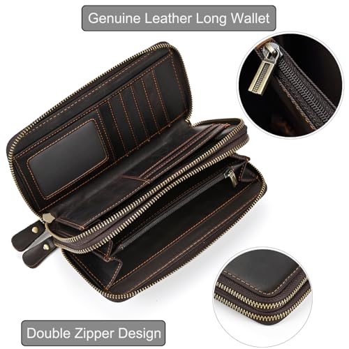 Genuine Leather Long Wallet for Men, Large Capacity Purse Clutch Bag Handbag Checkbook Cash Credit Cards Phone Holder | Large Capacity - color: 1009-Dark Brown