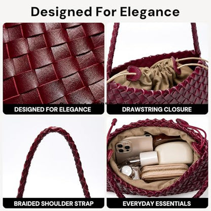 Small Woven Purse for Women Vegan Leather Underarm Shoulder Hobo Handbag | Secure drawstring inner pouch, braided strap, roomy fit for a 6.9-inch phone, and versatile clutch styling - color: Burgundy