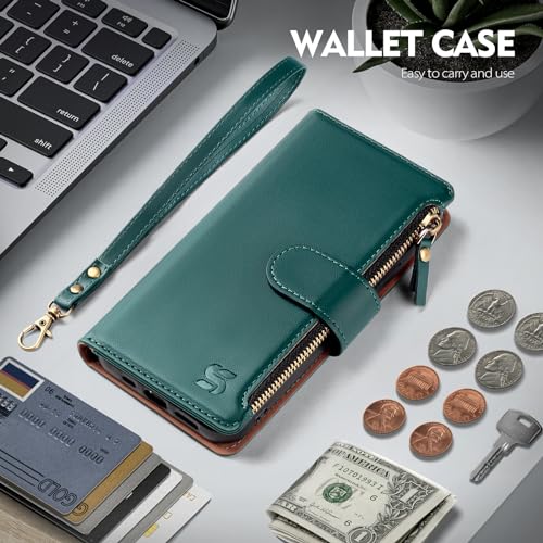Shieldtop Compatible with Samsung Galaxy A36 5G/A56 5G Wallet Case with Card Holder,PU Leather Phone Case Flip Protective Cover Wrist Strap Zipper Credit Card Slots RFID Blocking Women Men,Blue Green - color: Blue Green